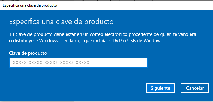 Configuración W10 - Introducción Clave Producto