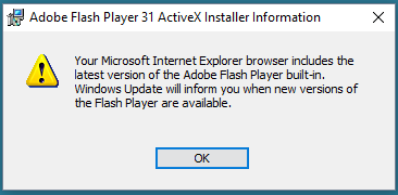 Aviso al intentar instalar FlashPlayer en Windows 10