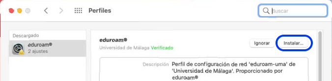 Confirmar la instalación del perfil eduroam