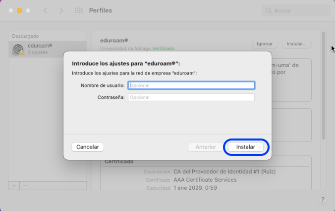 Escribir las credenciales de acceso a la red Wi-Fi eduroam
