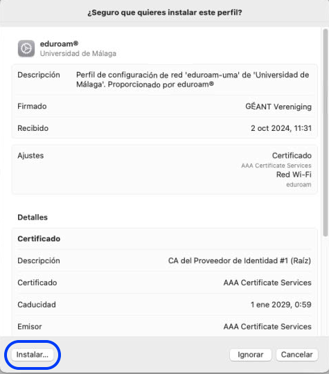 Confirmar la instalación del perfil eduroam