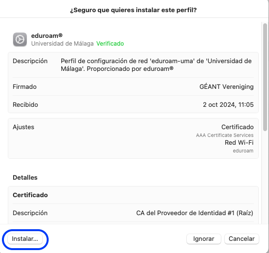 Confirmar la instalación del perfil eduroam
