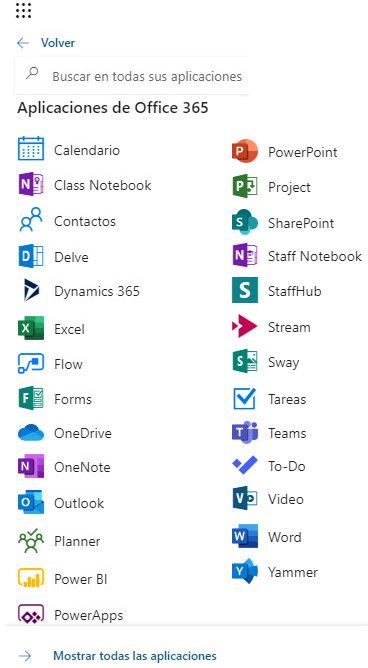 Office 365 - Menú Lateral - Todas las Aplicaciones