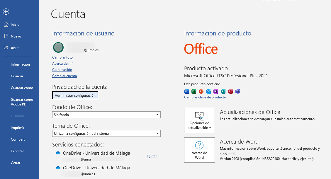 Preguntas Frecuentes - No puedo iniciar sesión en Office/Microsoft 365 con  mi cuenta UMA desde las aplicaciones Word/Excel/PowerPoint de escritorio o  cliente de OneDrive - Desconectar cuenta en Windows